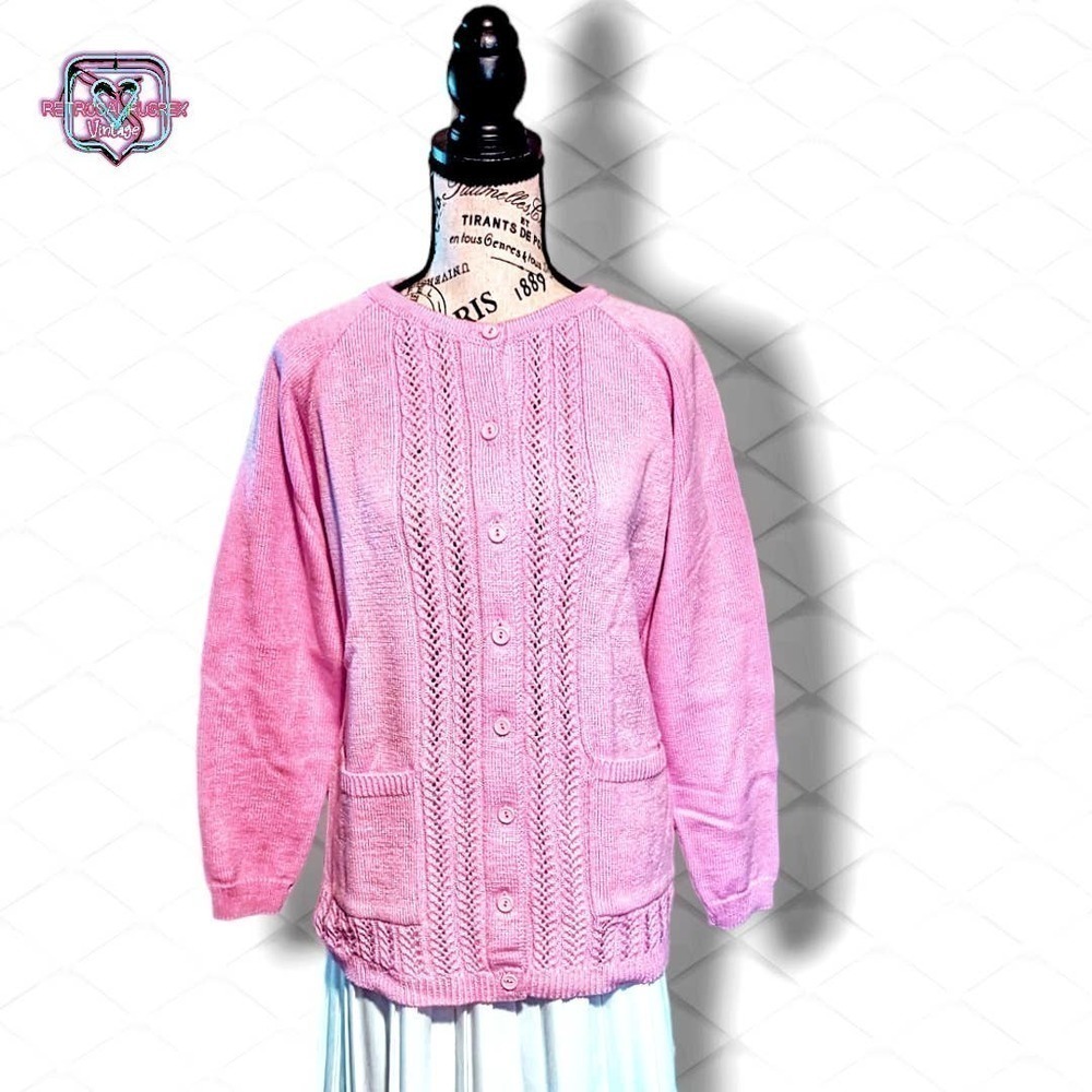 VINTAGE 1960's Barbie Pink Button Up Knit Cardigan Sweater, Large - Picture 3 of 6